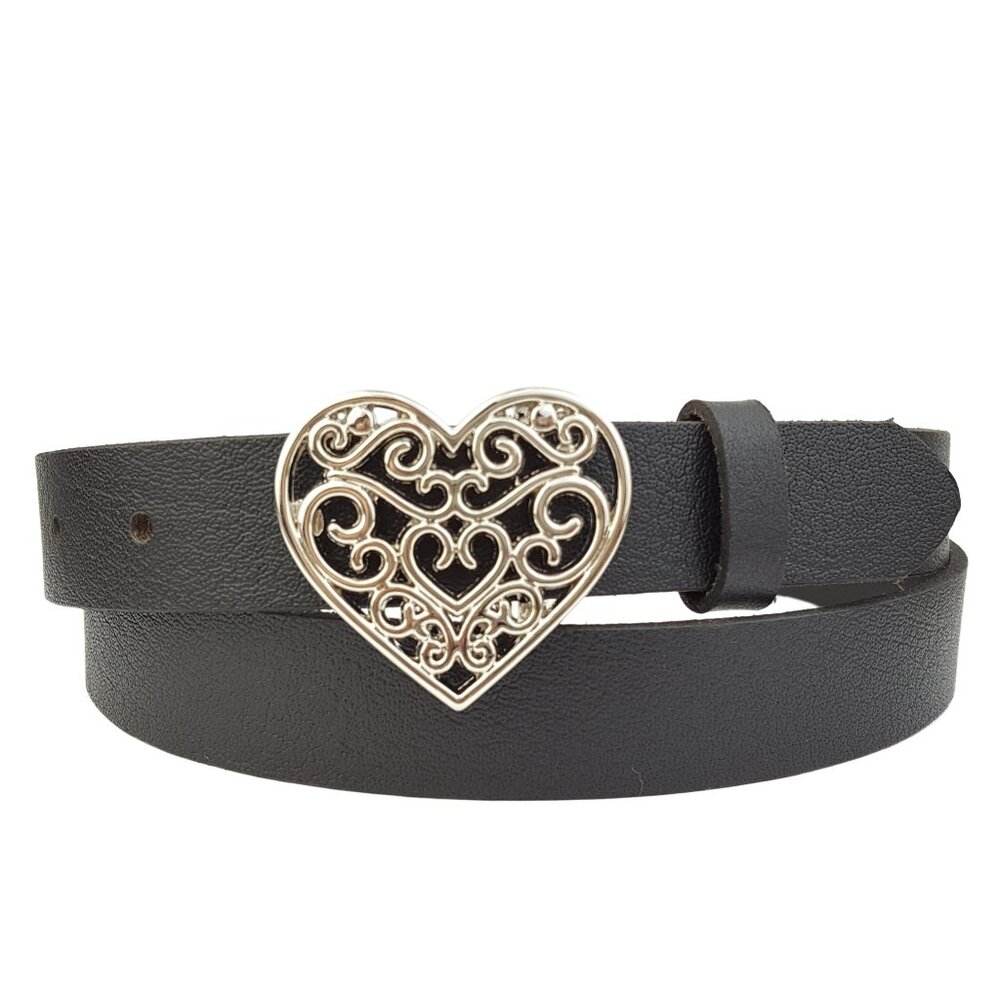 Silver Heart Filigree Buckle Leather Belt
